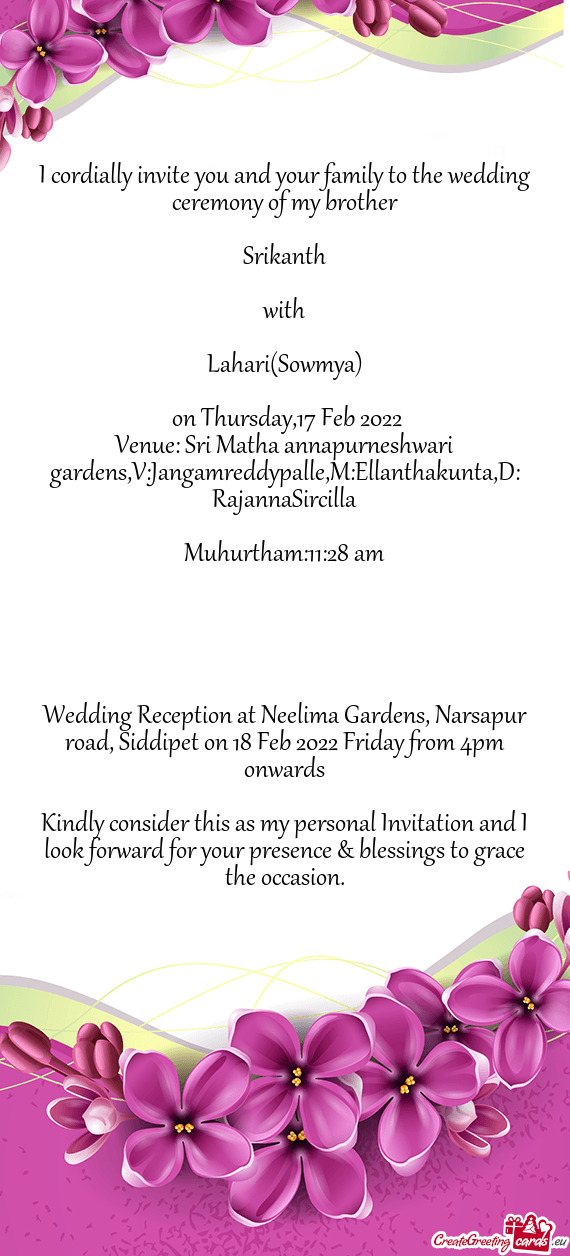 Venue: Sri Matha annapurneshwari gardens,V:Jangamreddypalle,M:Ellanthakunta,D: RajannaSircilla