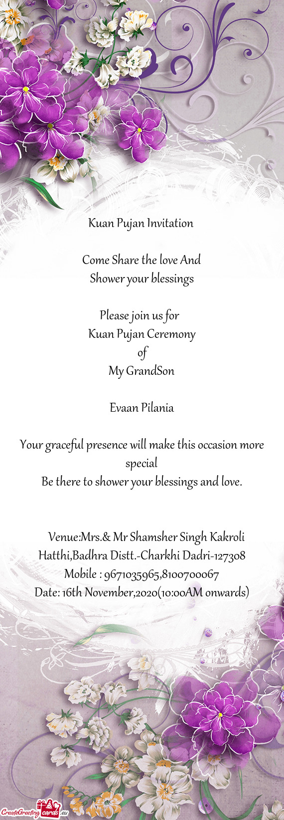 Venue:Mrs.& Mr Shamsher Singh Kakroli Hatthi,Badhra Distt.-Charkhi Dadri-127308