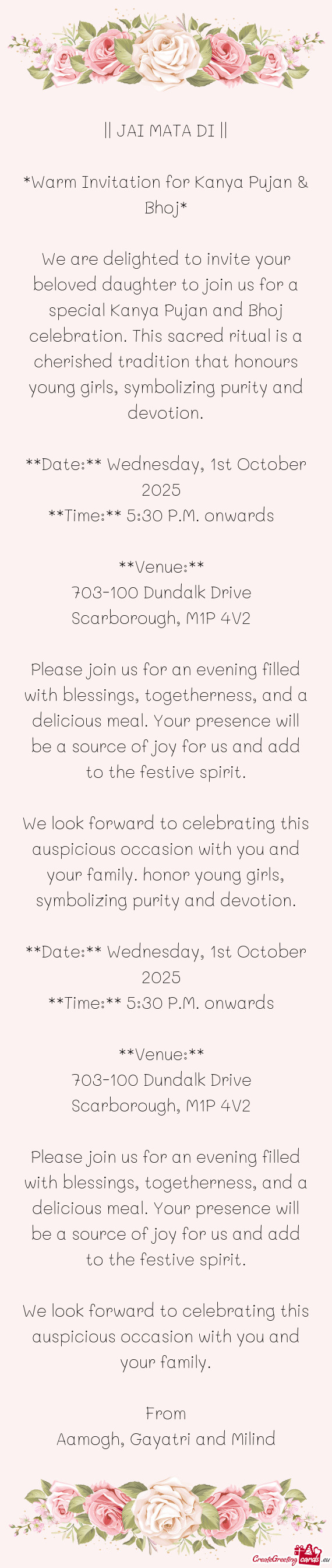 Warm Invitation for Kanya Pujan & Bhoj