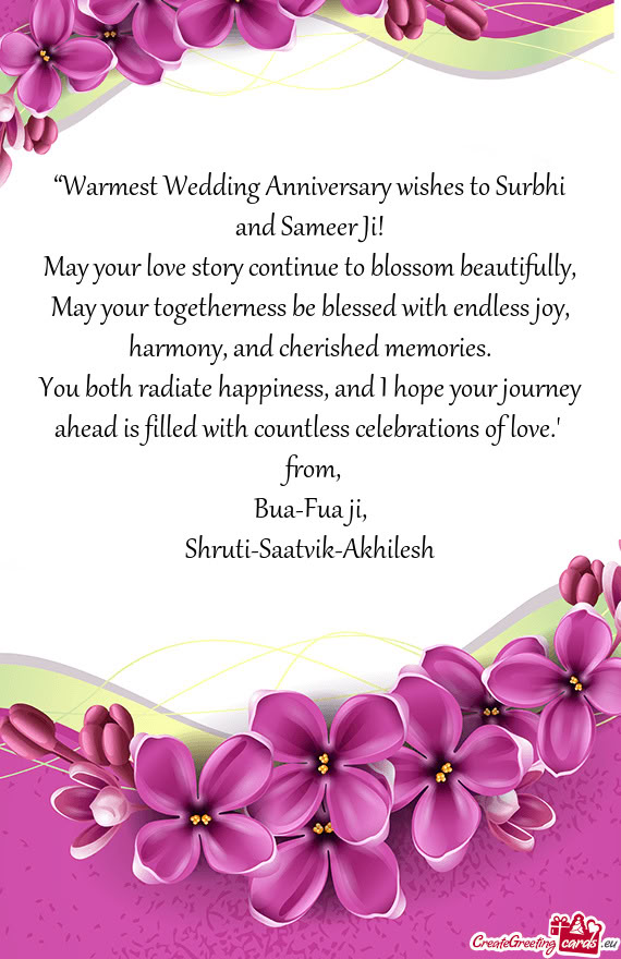 “Warmest Wedding Anniversary wishes to Surbhi and Sameer Ji