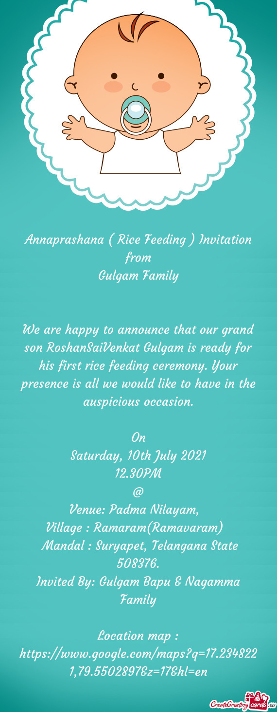 We are happy to announce that our grand son RoshanSaiVenkat Gulgam is ready for his first rice feedi