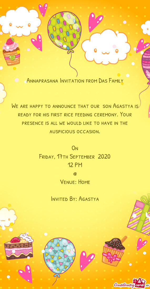 We are happy to announce that our son Agastya is ready for his first rice feeding ceremony. Your pr