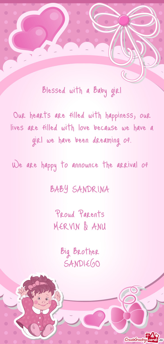 We are happy to announce the arrival of 
 BABY SANDRINA 
 
 Proud Parents 
 MERVIN & ANU 
 
 Big