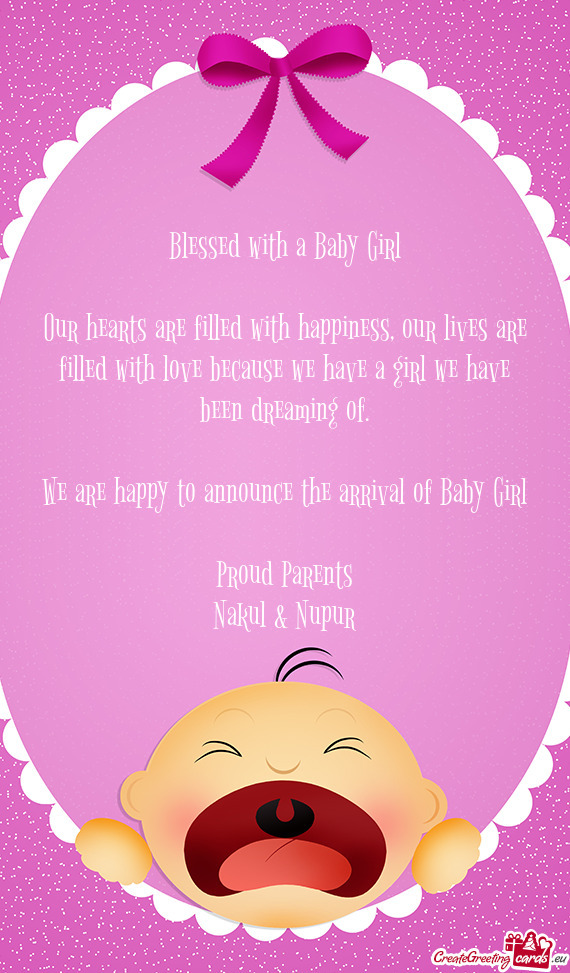 We are happy to announce the arrival of Baby Girl
 
 Proud Parents
 Nakul & Nupur
