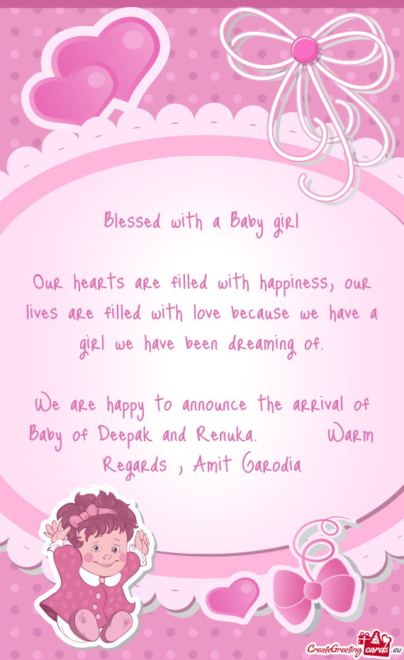 We are happy to announce the arrival of Baby of Deepak and Renuka.  Warm Regards , Amit Garodia