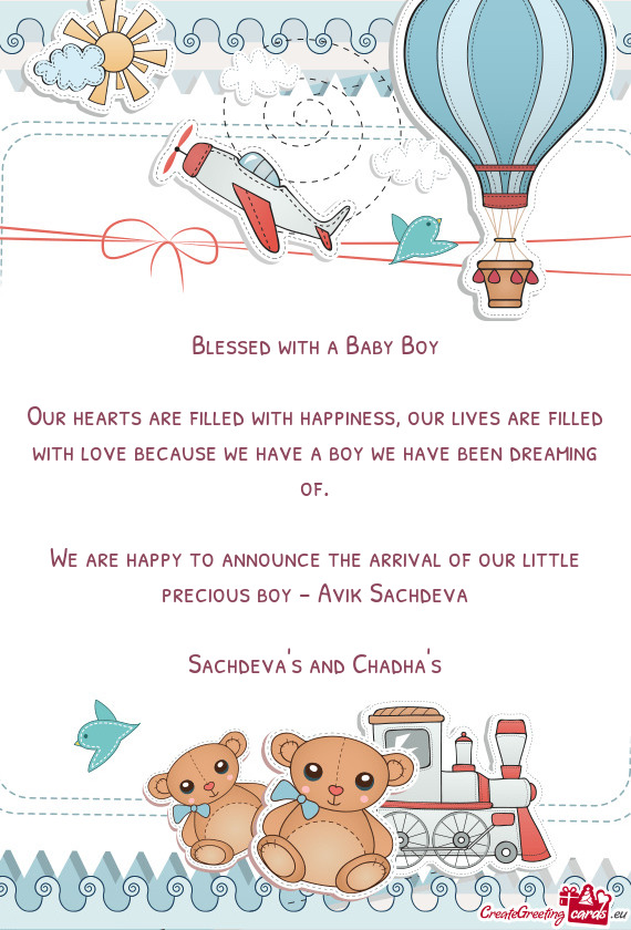 We are happy to announce the arrival of our little precious boy - Avik Sachdeva