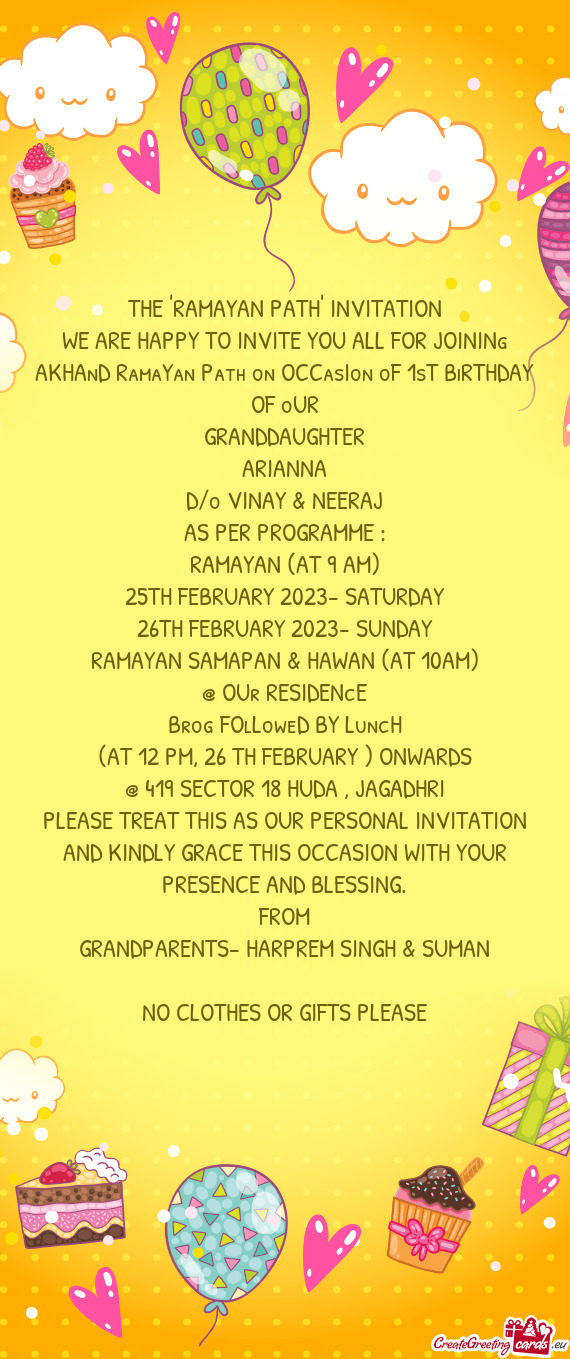 WE ARE HAPPY TO INVITE YOU ALL FOR JOININg AKHAnD RamaYan Path on OCCasIon oF 1sT BiRTHDAY OF oUR