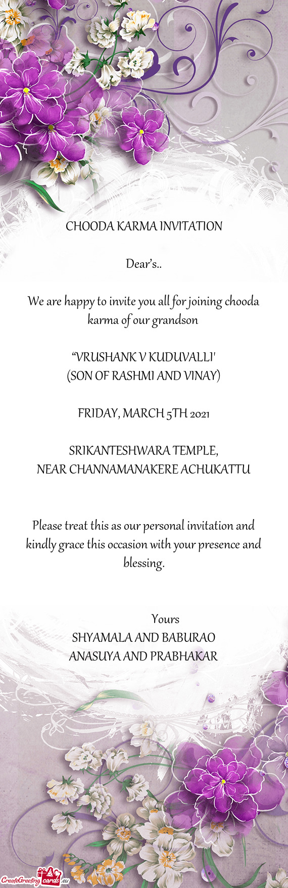 We are happy to invite you all for joining chooda karma of our grandson
