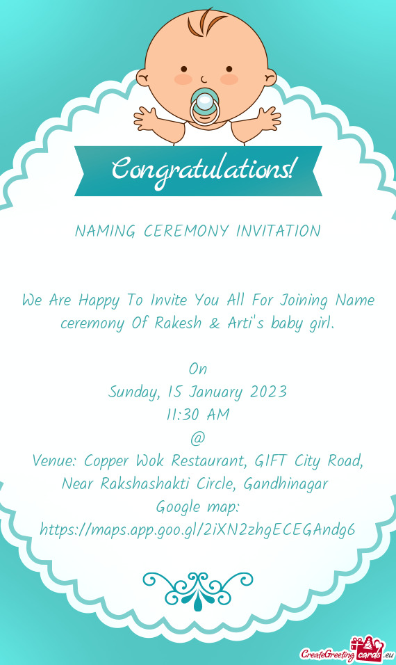 We Are Happy To Invite You All For Joining Name ceremony Of Rakesh & Arti