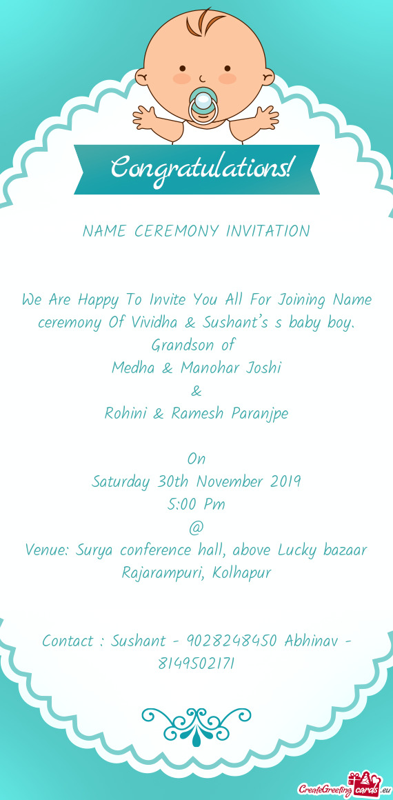 We Are Happy To Invite You All For Joining Name ceremony Of Vividha & Sushant’s s baby boy