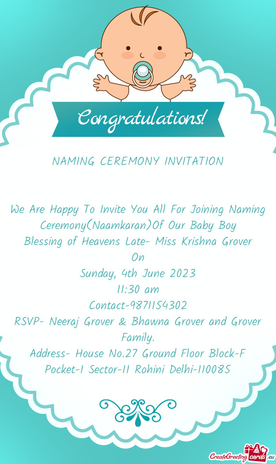 We Are Happy To Invite You All For Joining Naming Ceremony(Naamkaran)Of Our Baby Boy