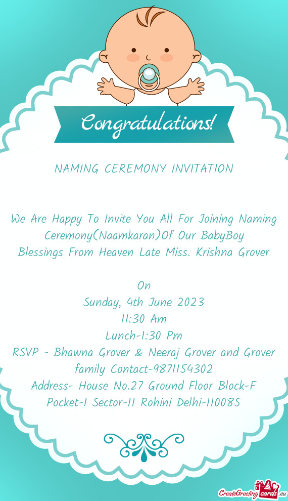 We Are Happy To Invite You All For Joining Naming Ceremony(Naamkaran)Of Our BabyBoy
