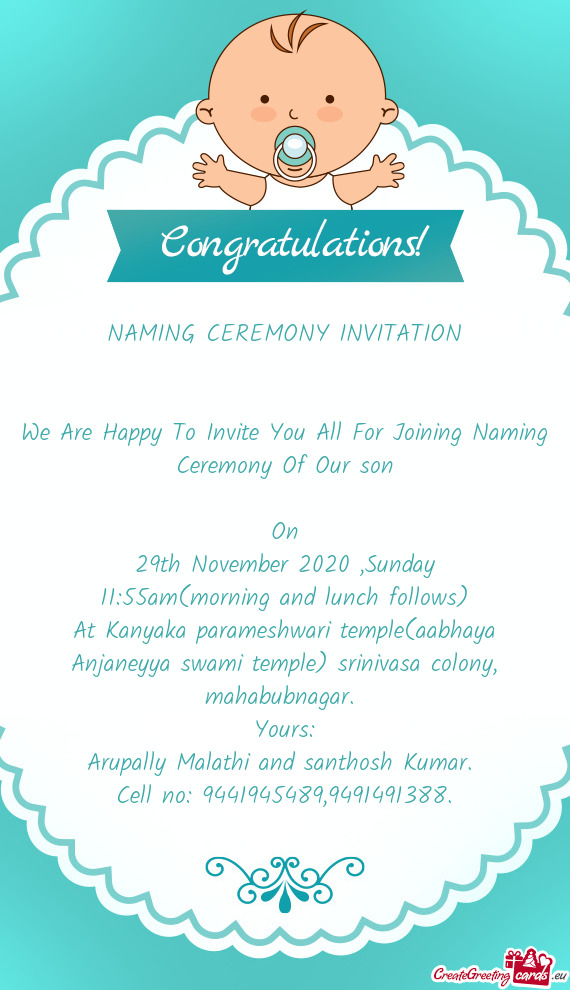 We Are Happy To Invite You All For Joining Naming Ceremony Of Our son