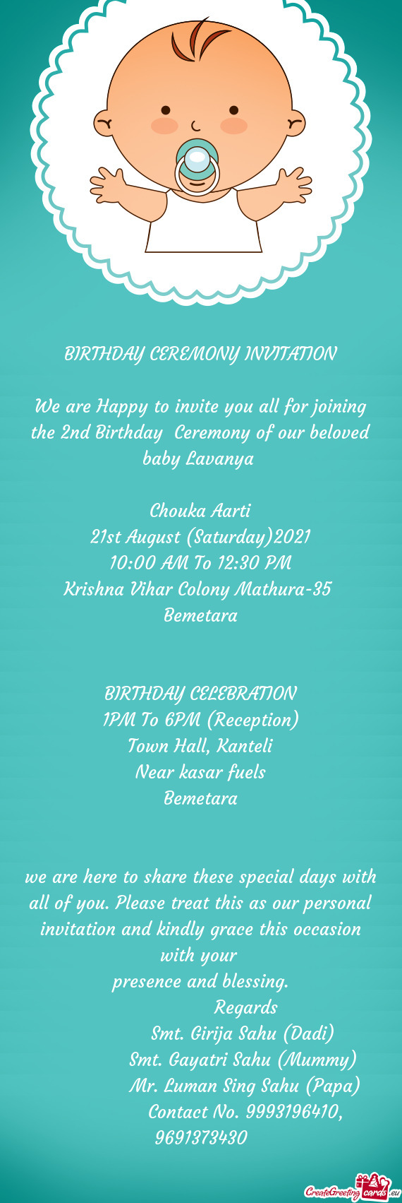 We are Happy to invite you all for joining the 2nd Birthday Ceremony of our beloved baby Lavanya