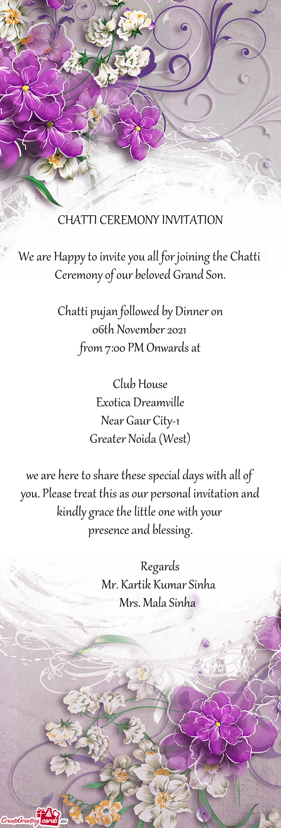 We are Happy to invite you all for joining the Chatti Ceremony of our beloved Grand Son