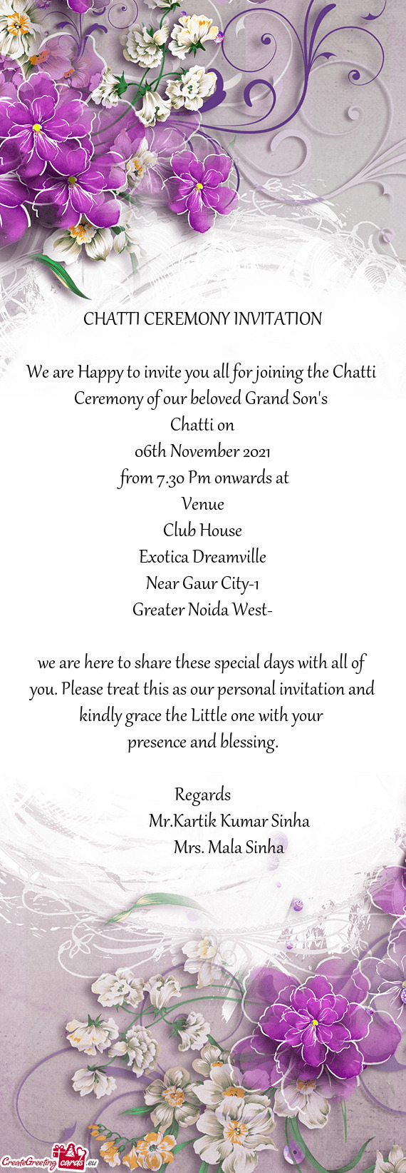 We are Happy to invite you all for joining the Chatti Ceremony of our beloved Grand Son