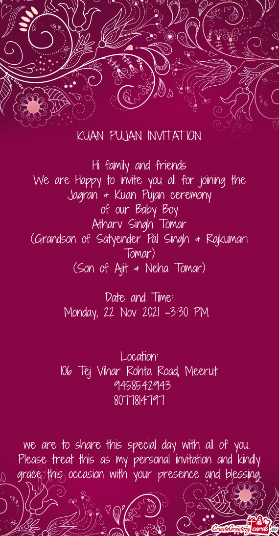 We are Happy to invite you all for joining the Jagran & Kuan Pujan ceremony