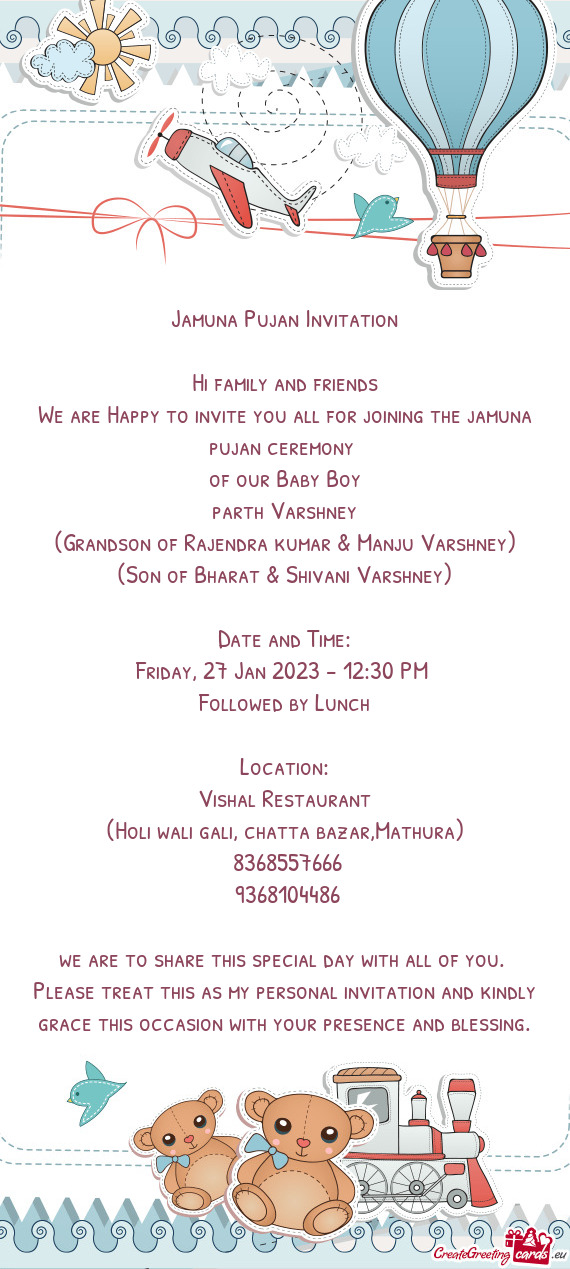 We are Happy to invite you all for joining the jamuna pujan ceremony