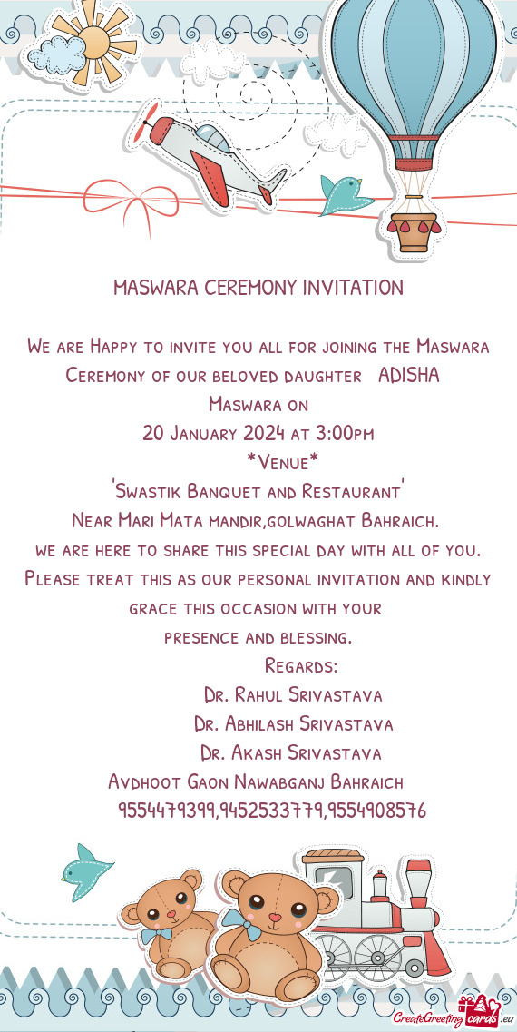We are Happy to invite you all for joining the Maswara Ceremony of our beloved daughter ❤️ADISHA