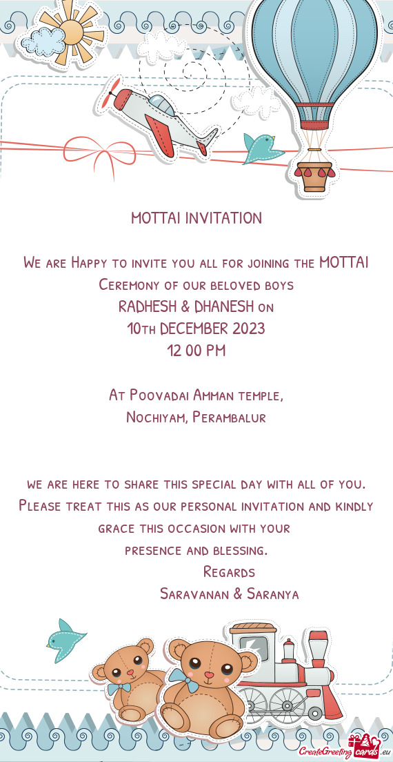 We are Happy to invite you all for joining the MOTTAI Ceremony of our beloved boys