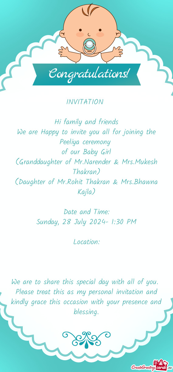 We are Happy to invite you all for joining the Peeliya ceremony