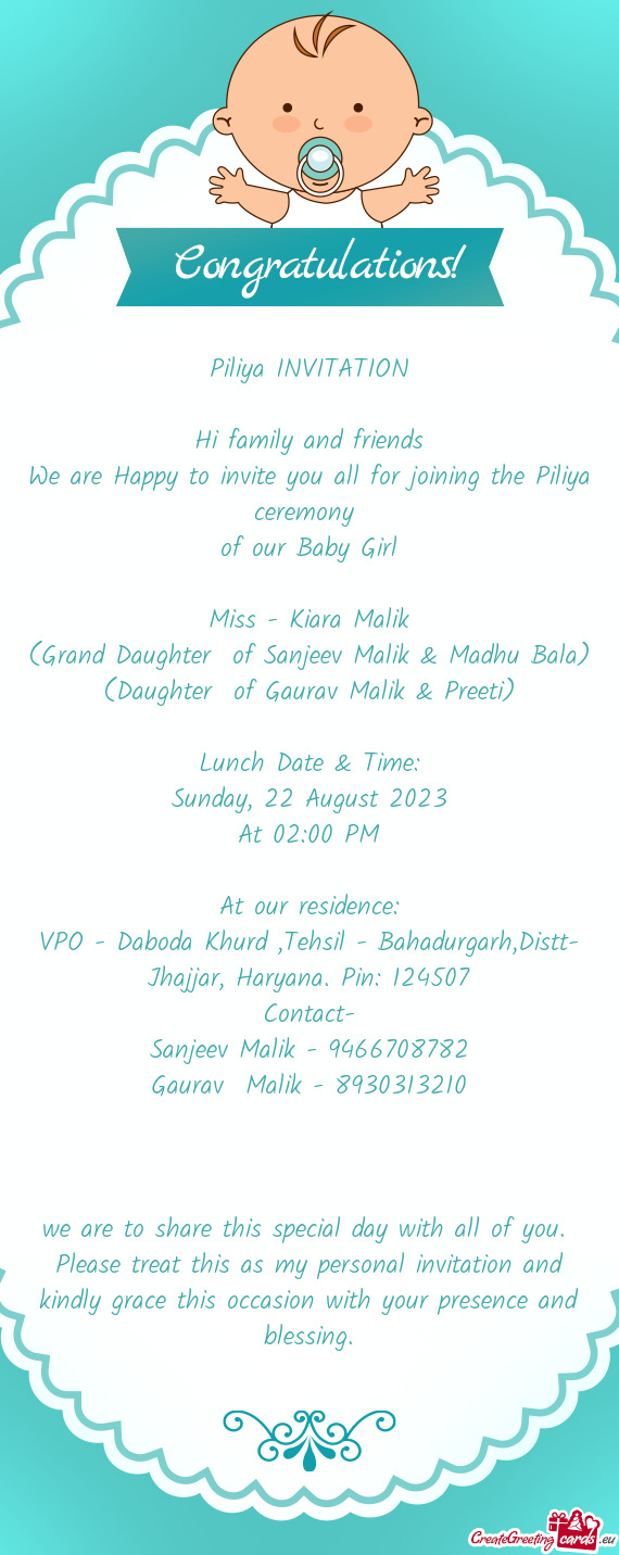 We are Happy to invite you all for joining the Piliya ceremony