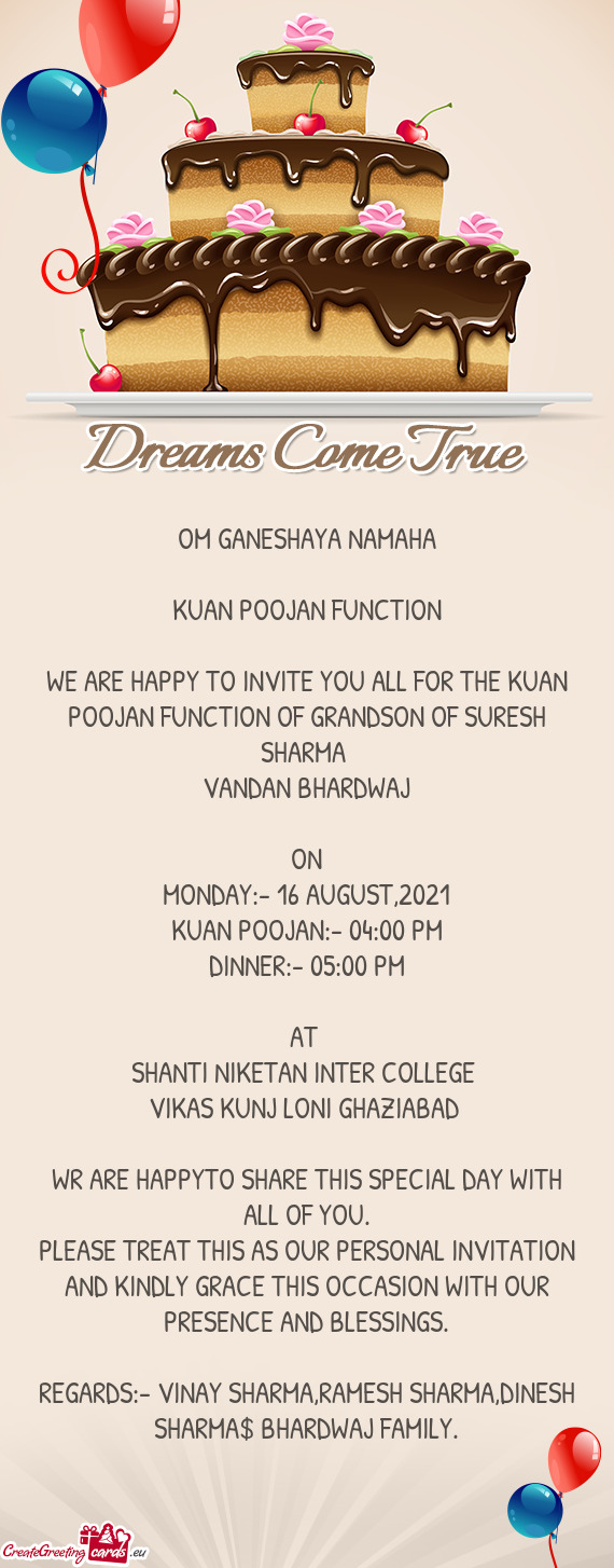 WE ARE HAPPY TO INVITE YOU ALL FOR THE KUAN POOJAN FUNCTION OF GRANDSON OF SURESH SHARMA