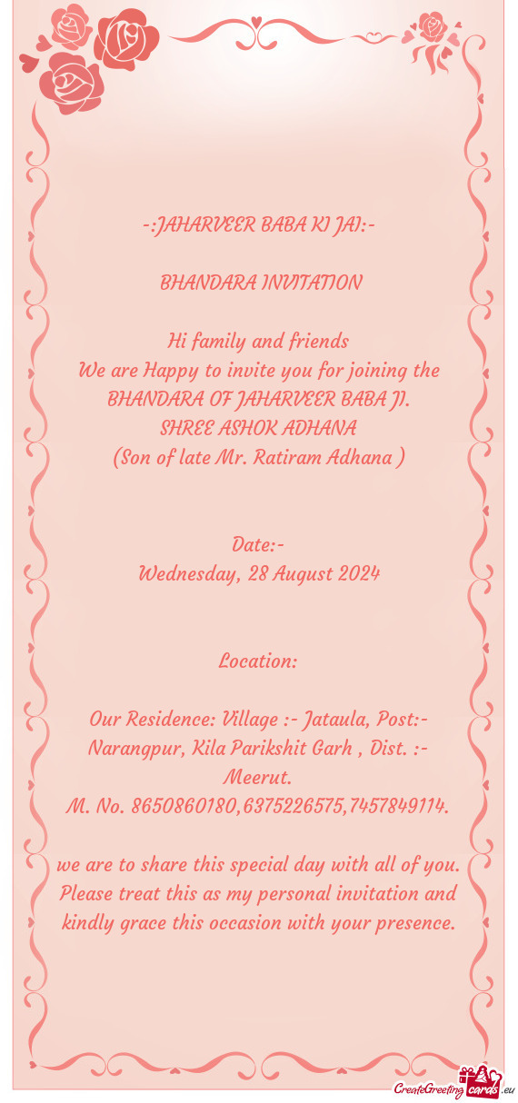 We are Happy to invite you for joining the BHANDARA OF JAHARVEER BABA JI