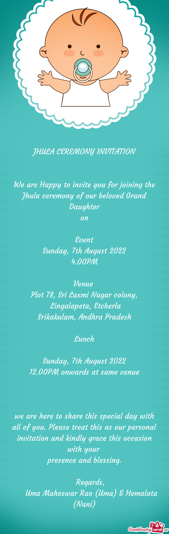 We are Happy to invite you for joining the Jhula ceremony of our beloved Grand Daughter