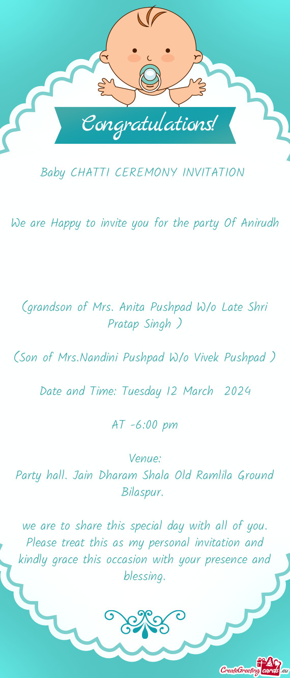 We are Happy to invite you for the party Of Anirudh
