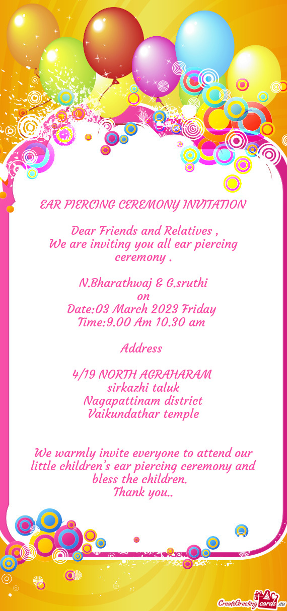 We are inviting you all ear piercing ceremony
