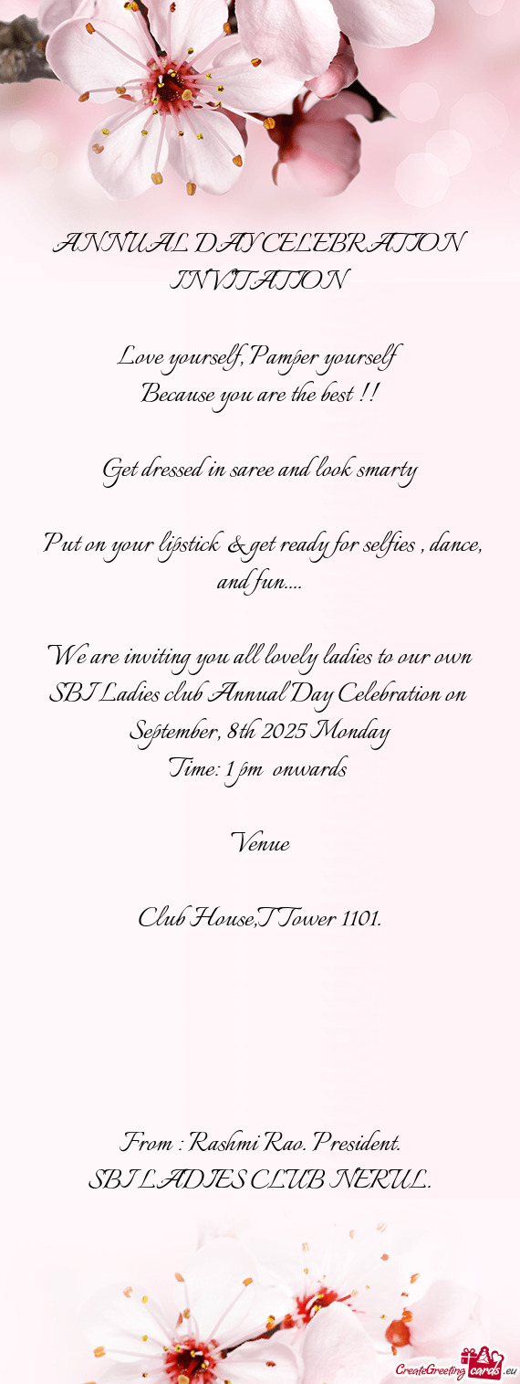 We are inviting you all lovely ladies to our own SBI Ladies club Annual Day Celebration on