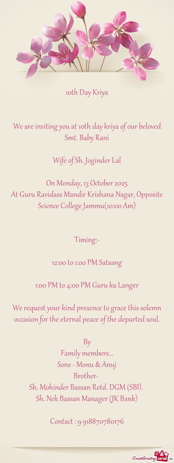 We are inviting you at 10th day kriya of our beloved