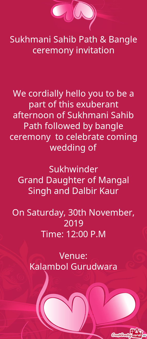 We cordially hello you to be a part of this exuberant afternoon of Sukhmani Sahib Path followed by b