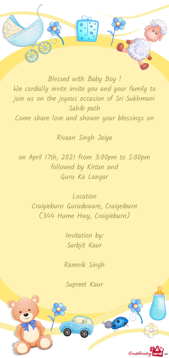 We cordially invite invite you and your family to join us on the joyous occasion of Sri Sukhmani Sah