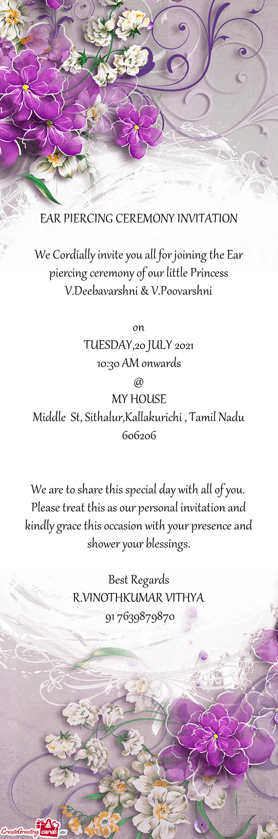 We Cordially invite you all for joining the Ear piercing ceremony of our little Princess V.Deebavars