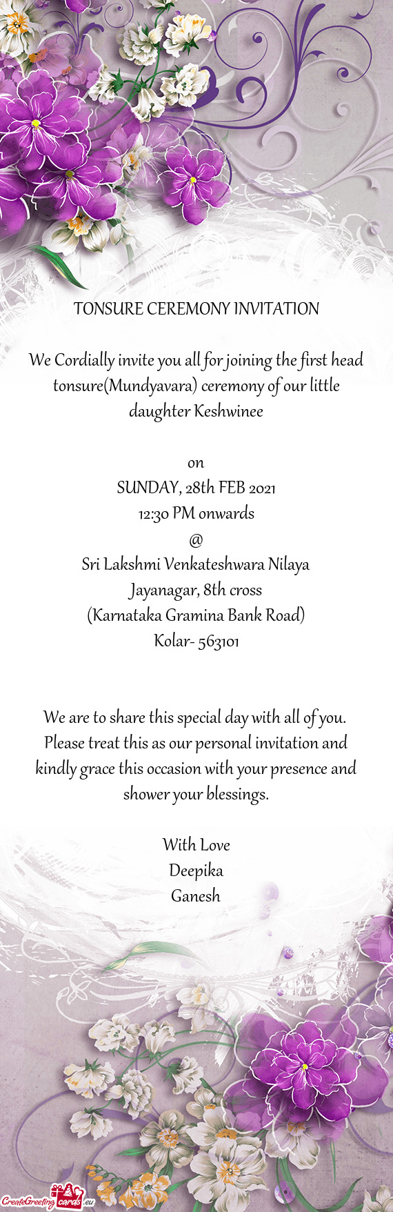 We Cordially invite you all for joining the first head tonsure(Mundyavara) ceremony of our little da