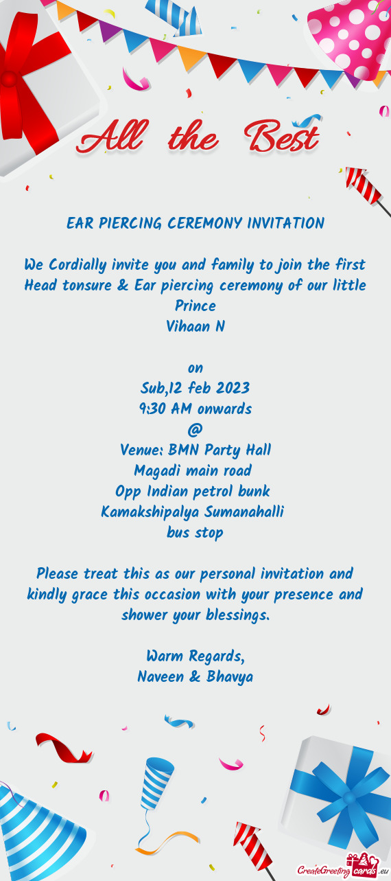 We Cordially invite you and family to join the first Head tonsure & Ear piercing ceremony of our lit