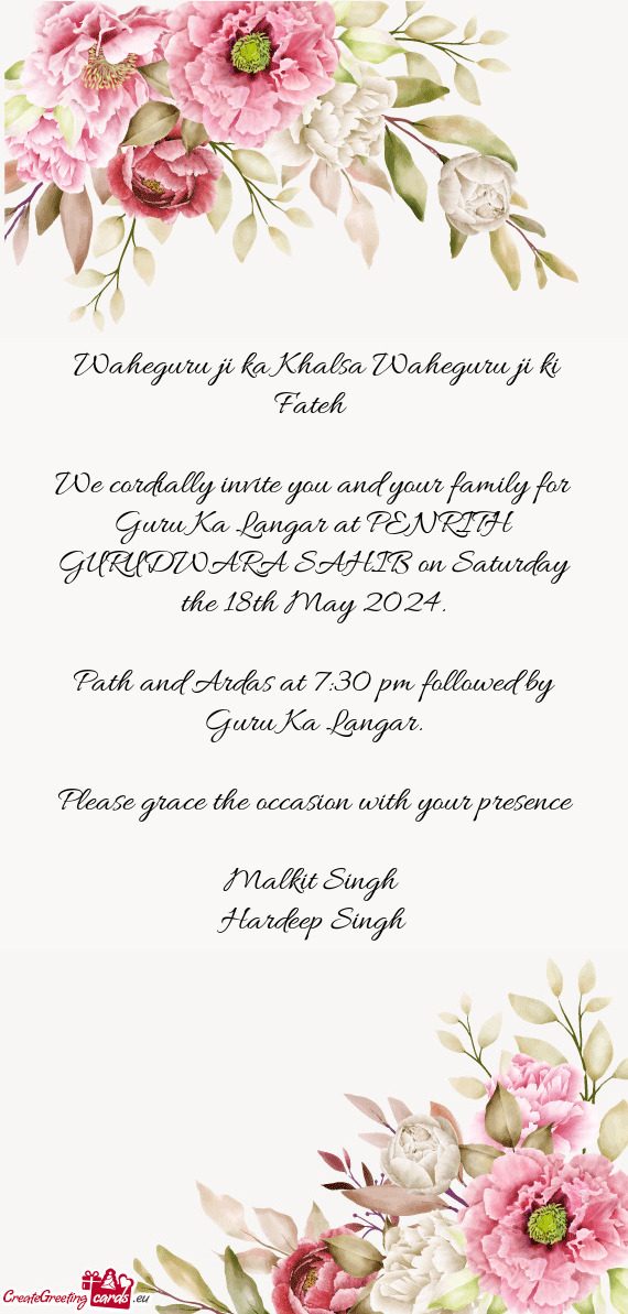 We cordially invite you and your family for Guru Ka Langar at PENRITH GURUDWARA SAHIB on Saturday th