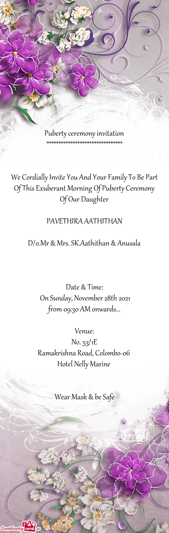 We Cordially Invite You And Your Family To Be Part Of This Exuberant Morning Of Puberty Ceremony Of