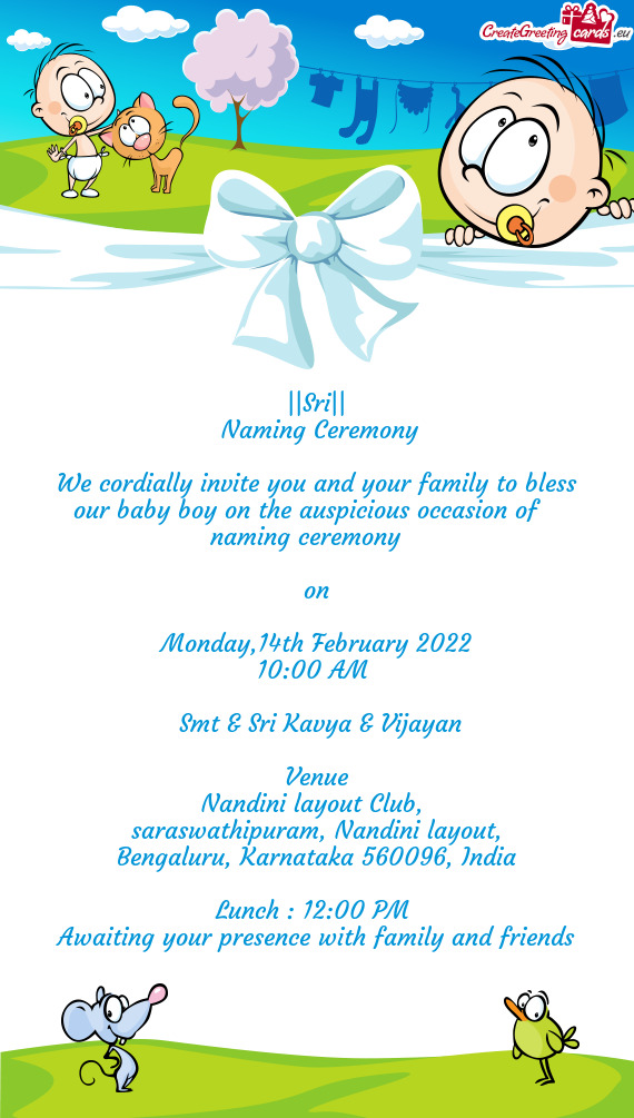 We cordially invite you and your family to bless our baby boy on the auspicious occasion of namin