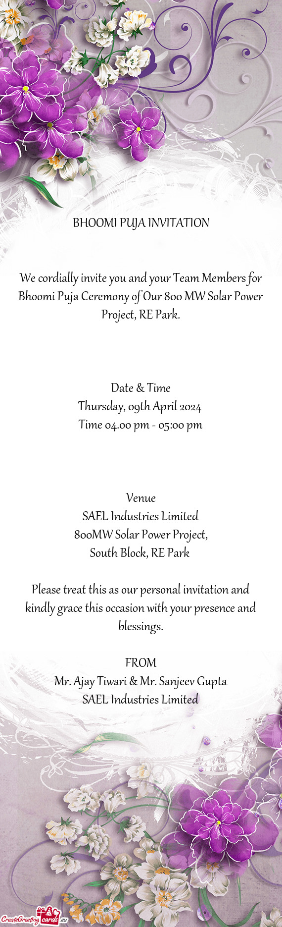 We cordially invite you and your Team Members for Bhoomi Puja Ceremony of Our 800 MW Solar Power Pro