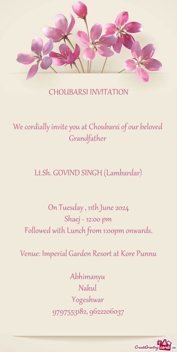 We cordially invite you at Choubarsi of our beloved Grandfather