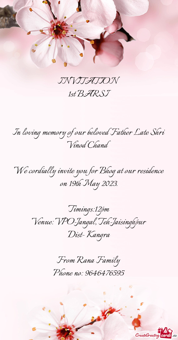 We cordially invite you for Bhog at our residence on 19th May 2023