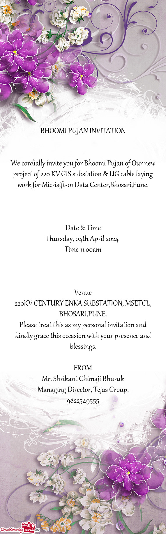 We cordially invite you for Bhoomi Pujan of Our new project of 220 KV GIS substation & UG cable layi