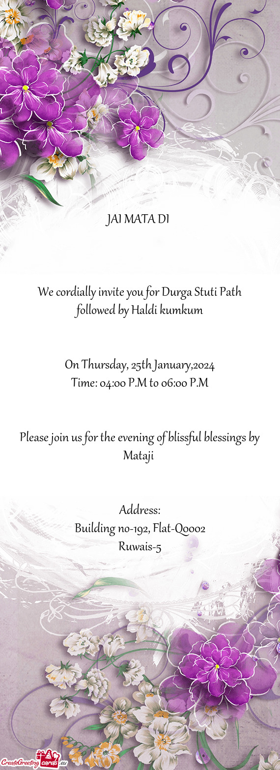 We cordially invite you for Durga Stuti Path followed by Haldi kumkum