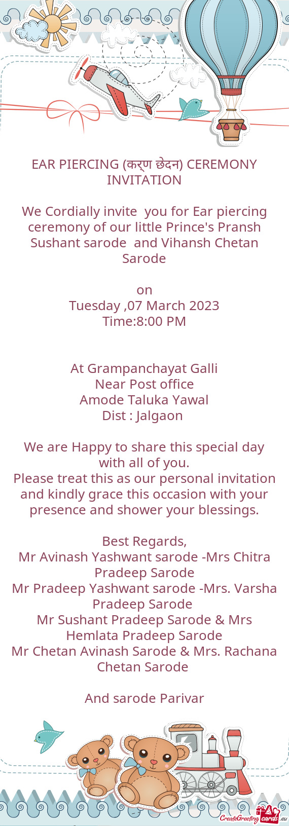 We Cordially invite you for Ear piercing ceremony of our little Prince
