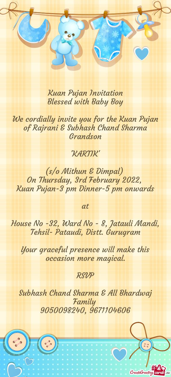 We cordially invite you for the Kuan Pujan of Rajrani & Subhash Chand Sharma Grandson