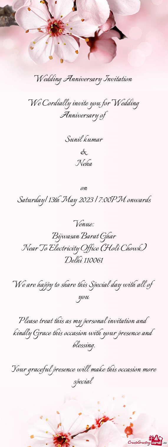We Cordially invite you for Wedding Anniversary of