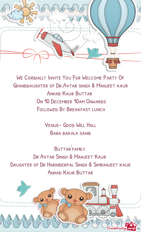 We Cordially Invite You For Welcome Party Of Granddaughter of Dr.Avtar singh & Manjeet kaur